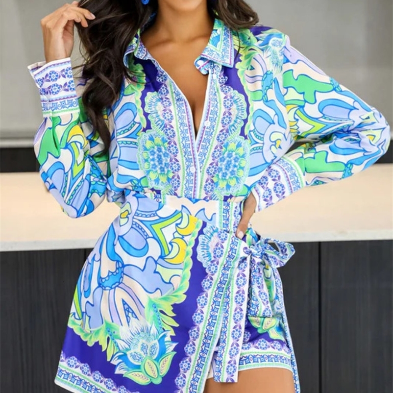 Women's Two Piece Pants CM.YAYA Fashion Paisley Women 2 Piece Set Outfits Vintage Long Sleeve Shirt and Split Side Skirt Shorts Matching Set Trac