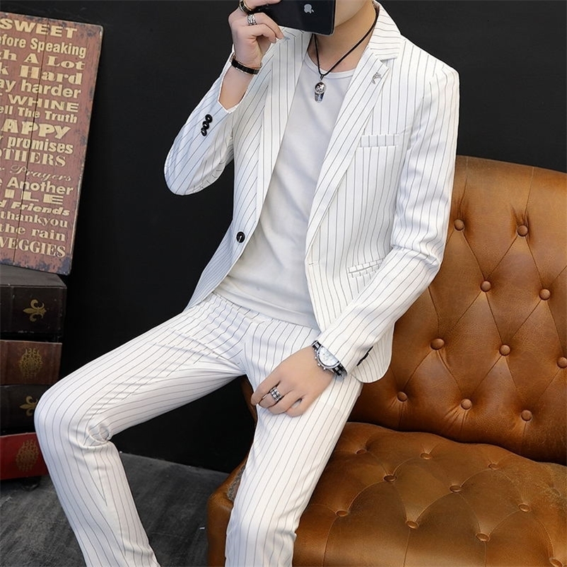 Men's Suits Blazers Boutique Blazer Trousers Men's Fashion Striped Business Casual British Style Gentleman Elegant Formal Suit 2-piece Set 2
