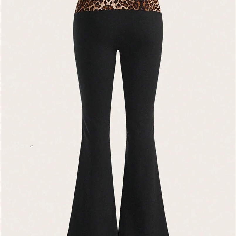 Leopard Print Splice Flared Leg Pants Elegant Slim Mid Waist Pants Womens Clothing 250304