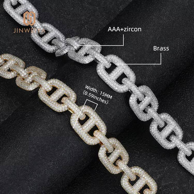 Real Hip Hop Jewelry for Men 15mm Natural CZ Moissanite Stone Necklace with Iced Out Gold Plated Brass Chain Fashion Link Chain