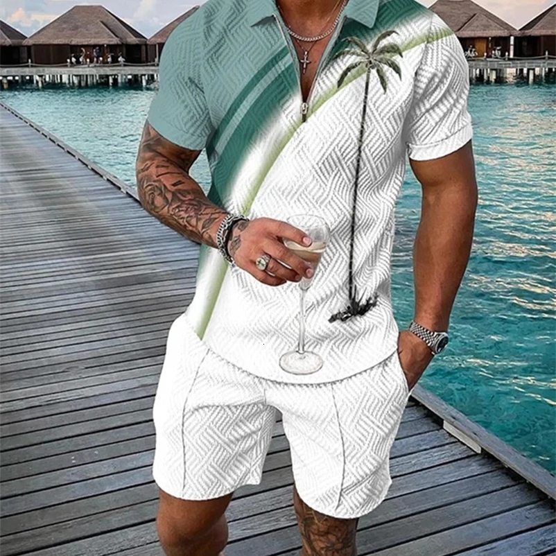 summer beach Coco 3D printed mens sportswear set casual zipper collar polo shirt and shorts 2-piece set fashionable mens clothing 240930