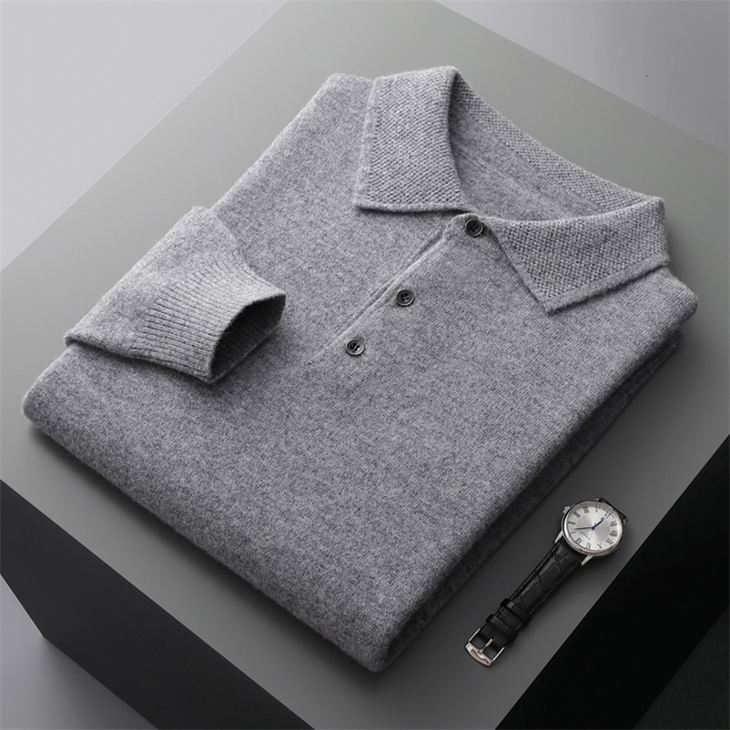 100% Merino wool mens lapel long sleeved polo neck sweater loose top casual knit bottom sweater 241203