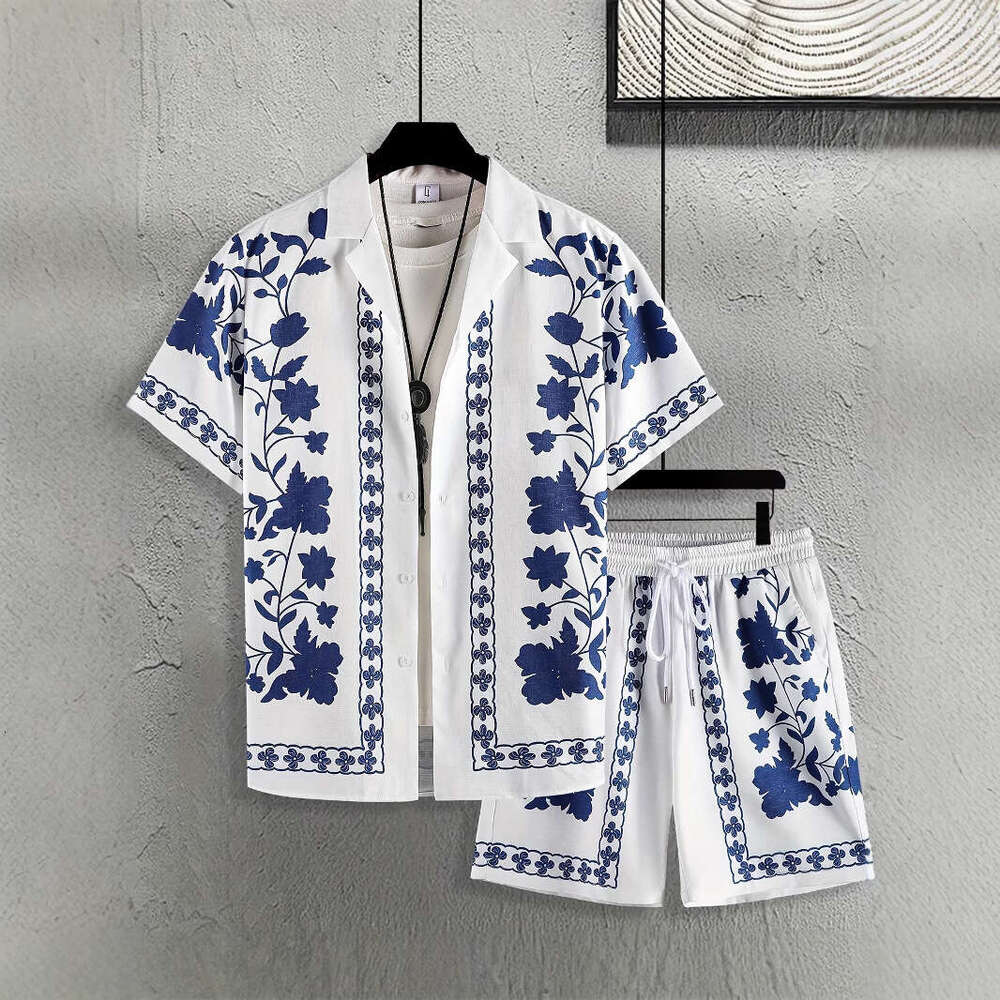 Lanjia- 2025 Casual Trendy Fashion Travel Summer Men's Cuban Collar Shirt Short Sleeve Shorts Set 0Da8f