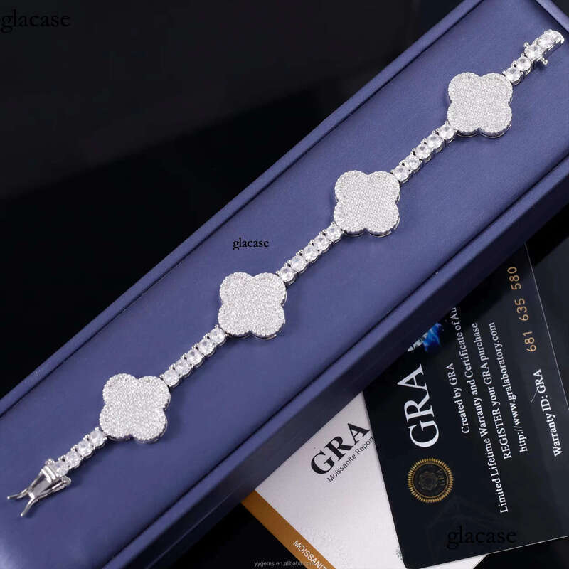 Yu Ying Clover Chain S Sier Gold Plated VVS1 Moissanite Tennis Bracelet Mens Women
