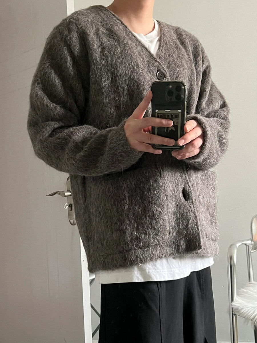 Men's Wool & Blends Our Legacy23 Fabric Gray Mohair Cardigan Wool Blend Knitwear VNeck Fur Coat
