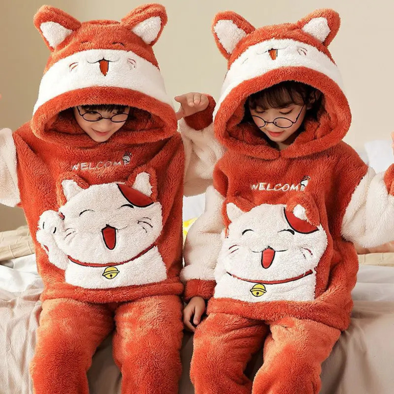 Winter Childrens Pajamas Childrens Plush Thick Pajama Set Pajamas Boys and Girls Pajamas Hoodies Pajamas 4 6 8 12 Years 241118