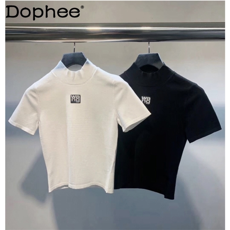 Slim-Fit Knited Tshirts for Women Summer Print Letter Pullover Short Sleeve T-shirt Female Crop Tops Graphic Tees 210722