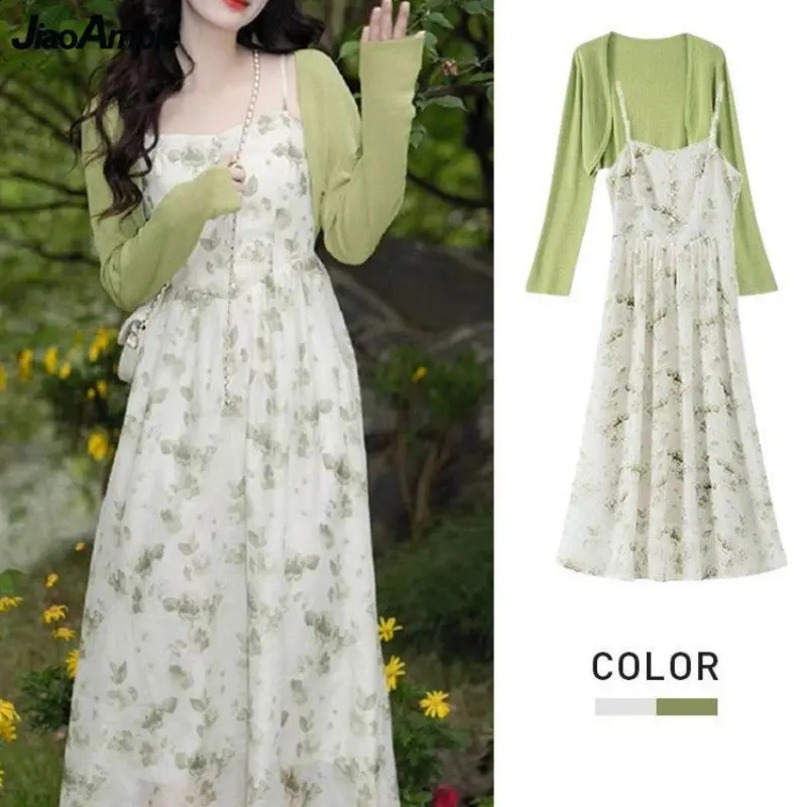 Women Summer French Print Chiffon Dress Knit Shirts Two Piece Set Lady Beach Travel Clothing Korean Dresses Suits 240729