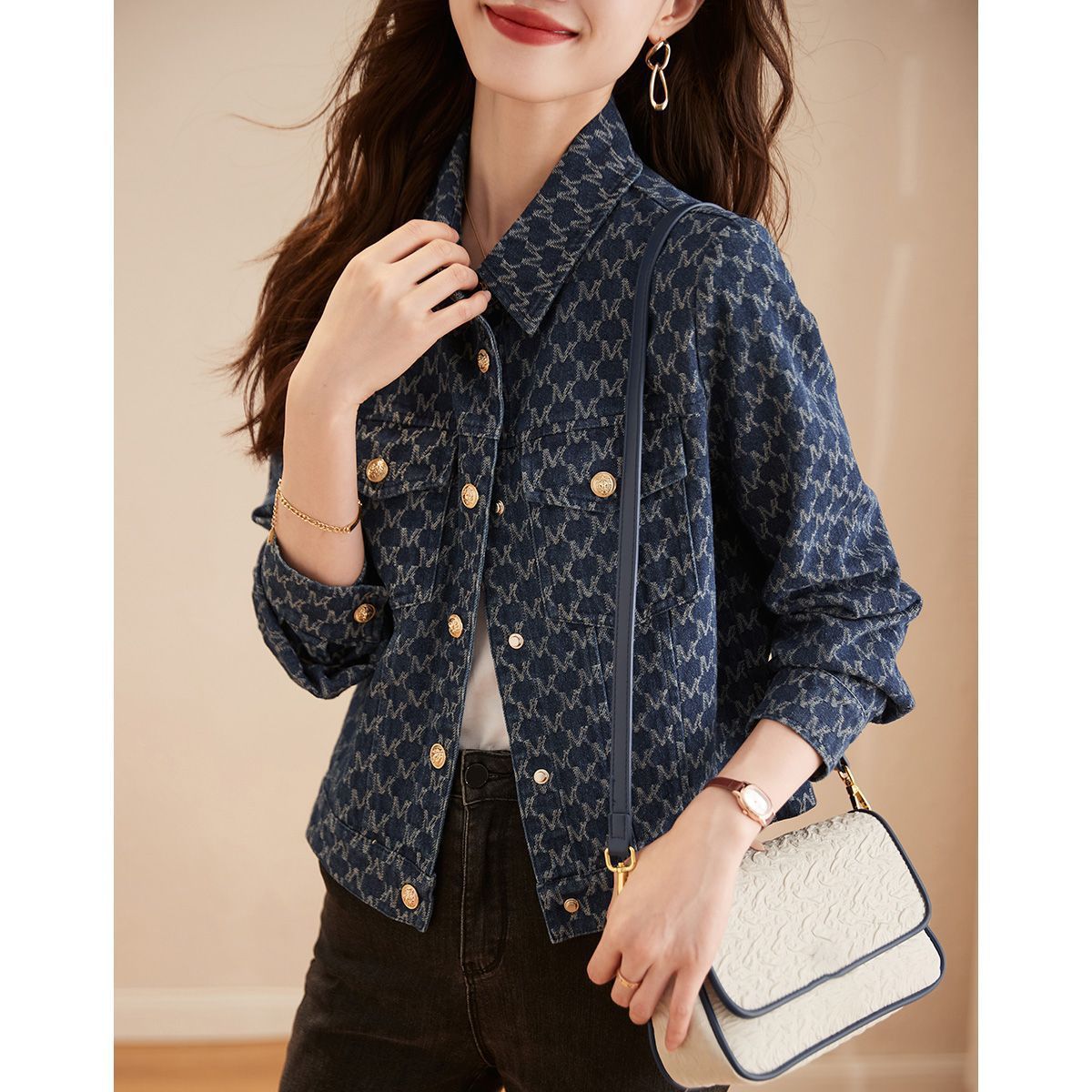 Spring Autumn Check with Print Graphic Outerwears Blue Mix Color Female Jeans Coat Womens Denim Jackets Chic and Elegant 250723