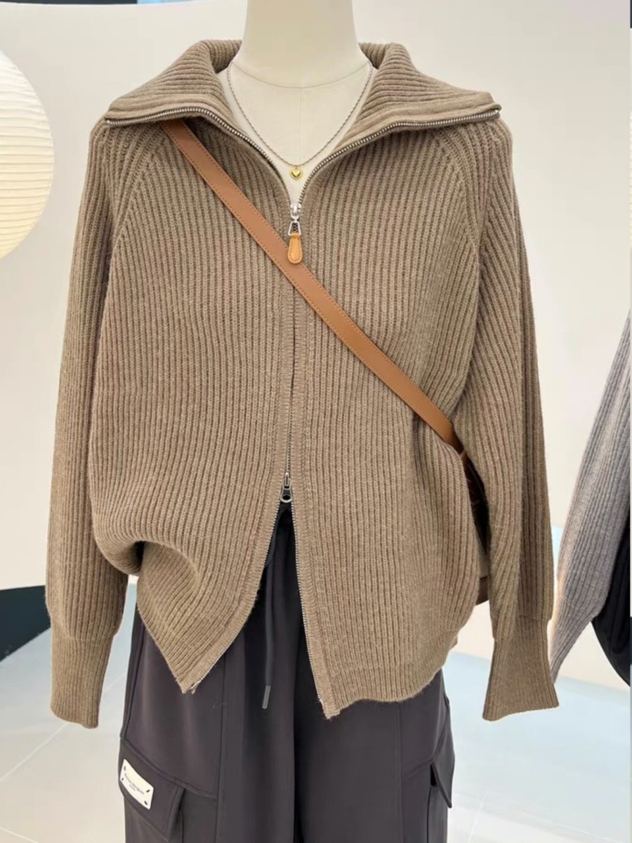 New Women's Knitted Double Zipper Jacket Thickened Lazy Cardigan for Women