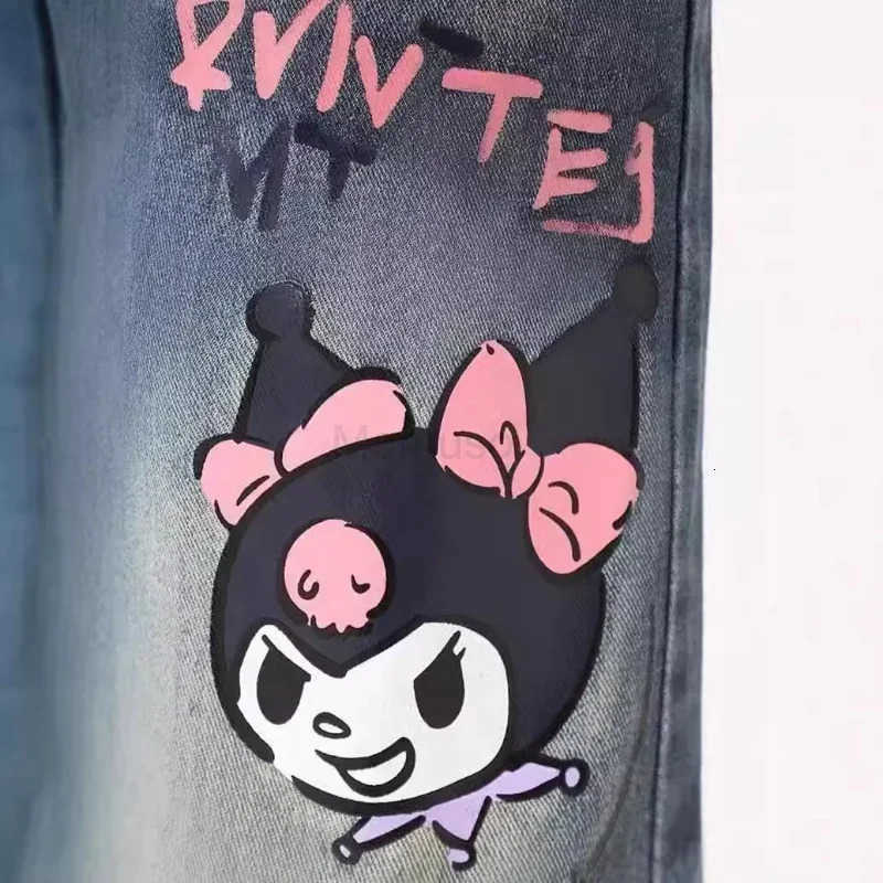 Sanrio Kuromi Printed Micro Flared Jeans Korean Streetwear Loose Straight Trousers Y2k Female Fashion High Waist Wide Leg Pants L250925