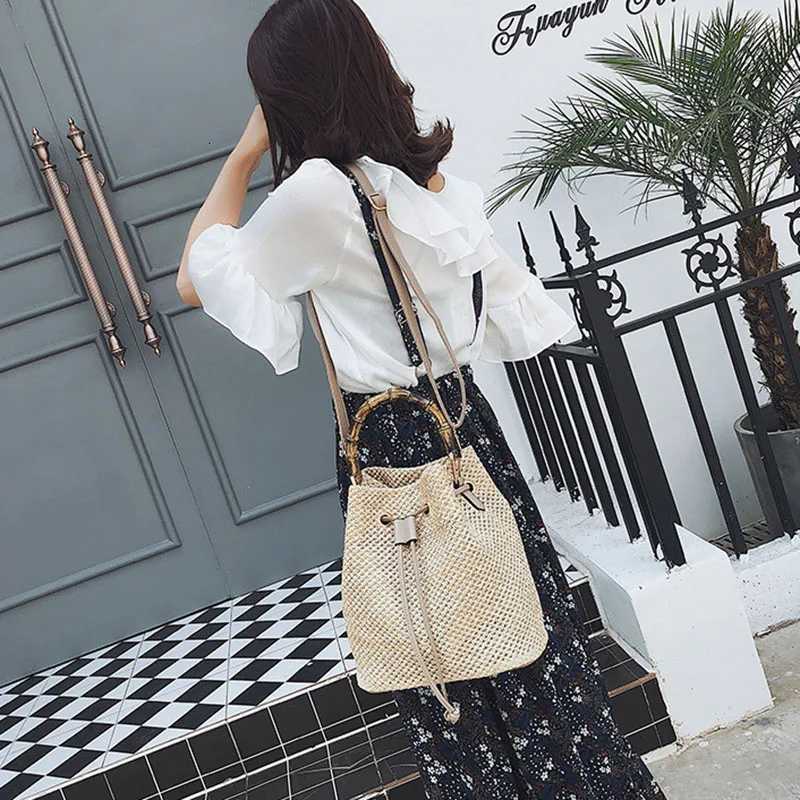 Women Drawstring Straw Bucket Bag Female Summer Handmade Woven Shoulder Messenger Bags Ladies Shopping Purse Beach Bags Handbags Z250923