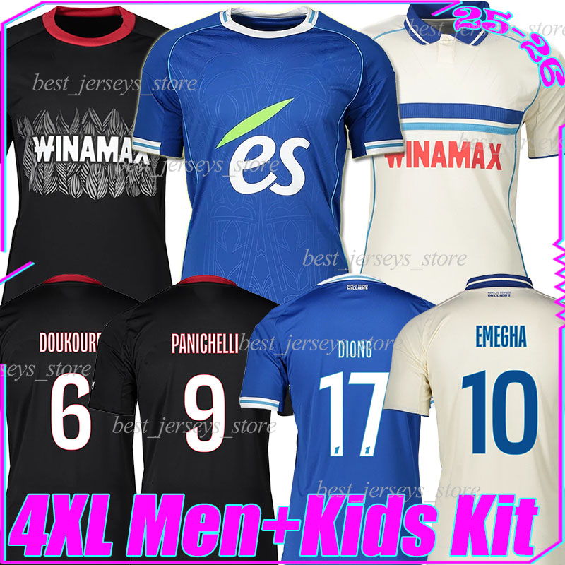 4XL 2025 RC Strasbourg Alsace soccer jerseys 25/26 EMEGHA PANICHELLI K.PAEZ DOUKOURE G.DOUE AMO GODO MOREIRA JR. CHILWELL BARCO M.SARR men kids kits sets football shirt