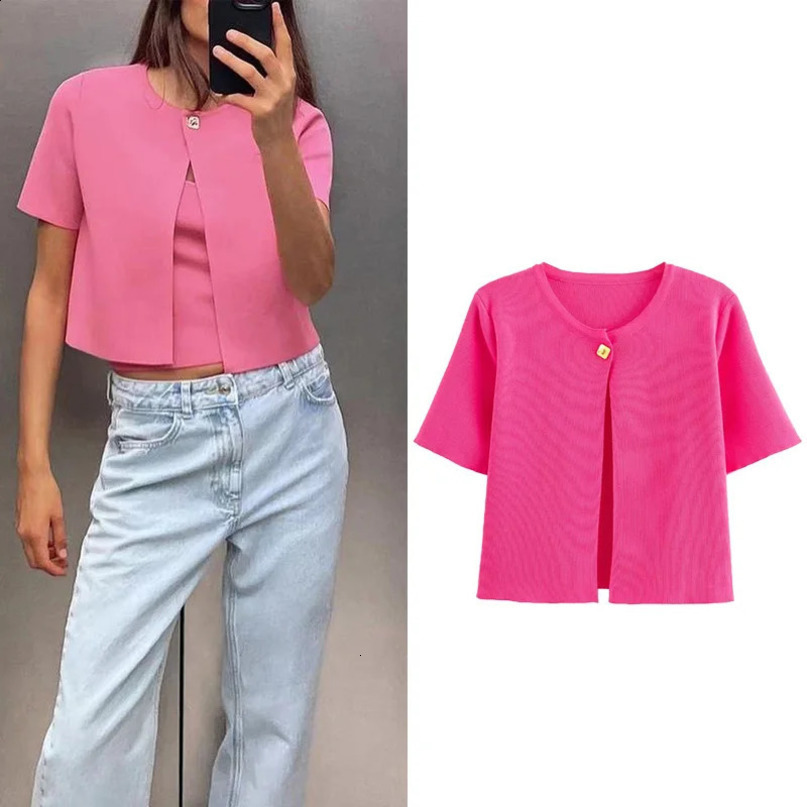 greatguy Thin Knitted Women Cardigan Jacket Traf Autumn Short Sleeve Metal Button Sweater Coat Female Crop Top Y2K Outwear 240730