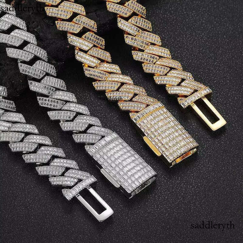Hip Hop Jewelry Necklace Iced Out CZ Cubic Zirconia 20mm Baguette Miami Cuban Chain in Gold