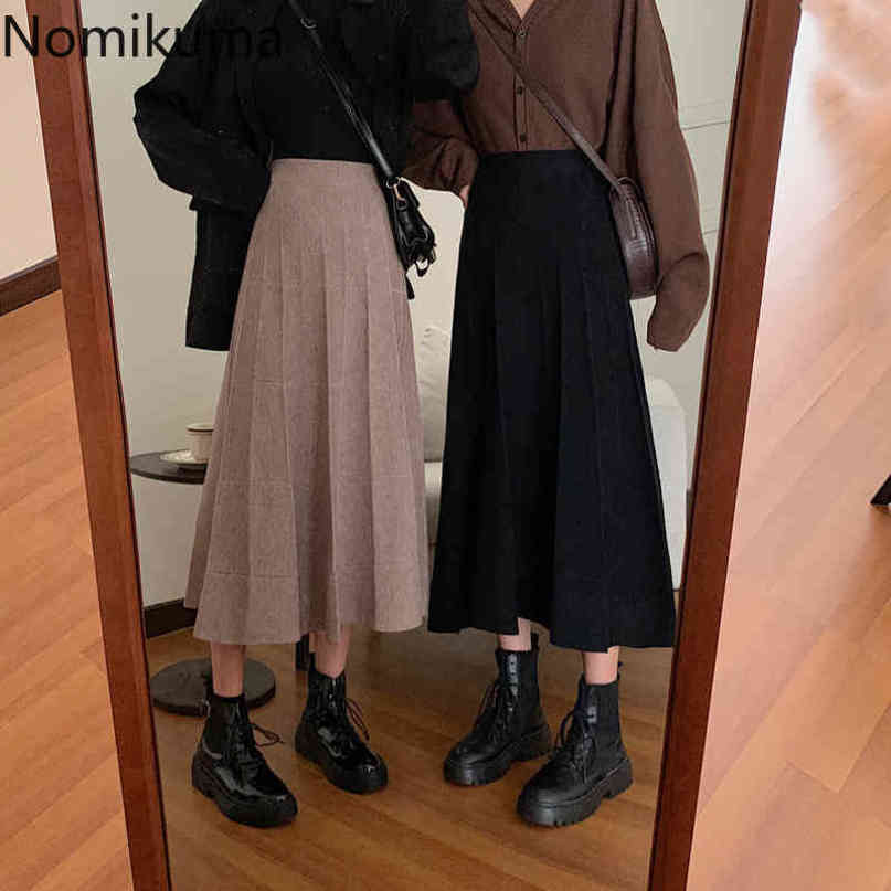 Nomikuma Autumn Winter Knitted Women Skirt Korean High Waist Pleated A-line Sweater Skirts Causal Faldas Mujer Moda 6D351 210427