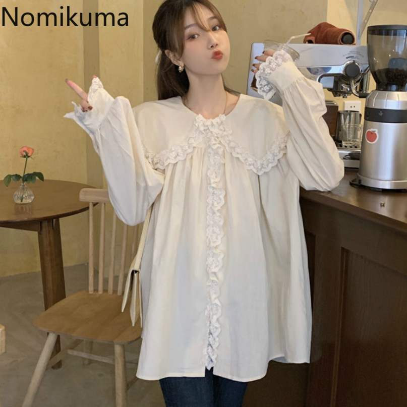 Nomikuma Women Doll Shirt Korean Sweet Lace Patchwork Peter Pan Collar Blouse Autumn Long Sleeve Causal Blusas Mujer 6D349 210427