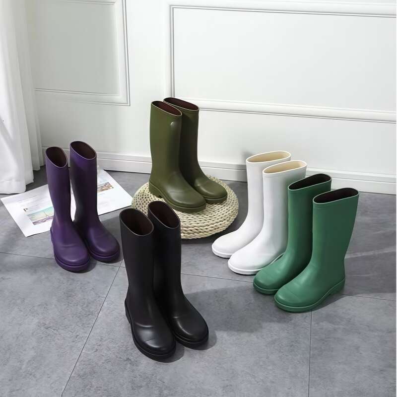 Designer brand square toe women rain boots Waterproof knee-high Wellies heel thick sole ankle over the knee women's rubber rainboots green purple bright black