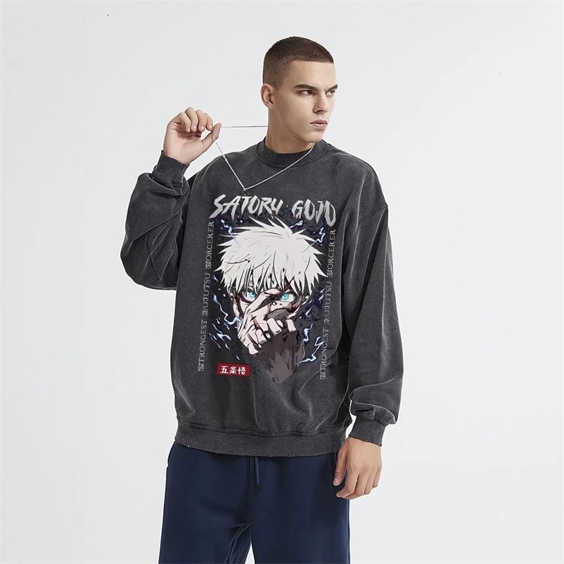Anime Jujutsu Kaisen Washed Sweatshirt 100% Cotton Printed Retro Vintage Crew Neck Sweater Hip Hop Y2k Men Women Hoodless 240106