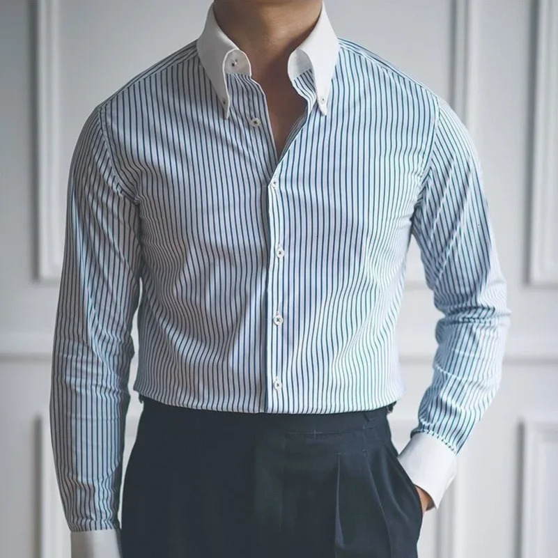 Casual spring/summer autumn mens lapel collar single chest retro full matching ultra-thin long sleeved top Z514 250402