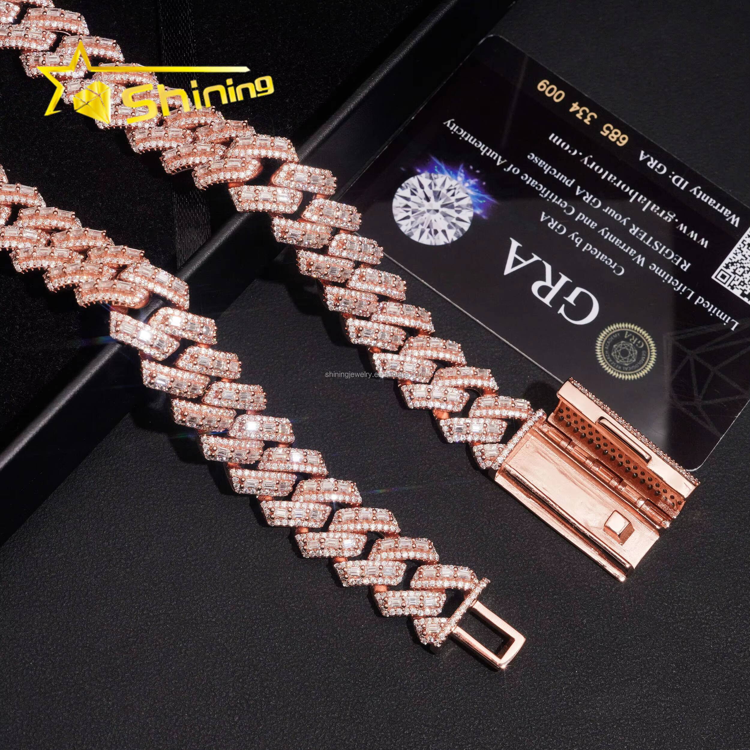 Customized Trendized 16mm Width 3Rows Prong Setting Luxury GRA Certificate S925 Iced Out VVS Baguette Moissanite Miami Cuban Link Chain