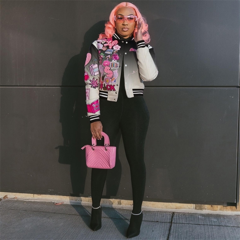 Women's Jackets Women's Spring Casual Gradient Long Sleeve Coat Varsity Baseball Uniform Bomber Jacket Single Breasted Outdoor Streetwear 23
