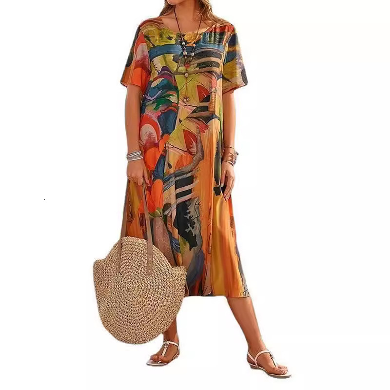2023 Fashion Casual Printed Summer Short Sleeve Waist-Cinching Round Neck Loose Beach Maxi Dress