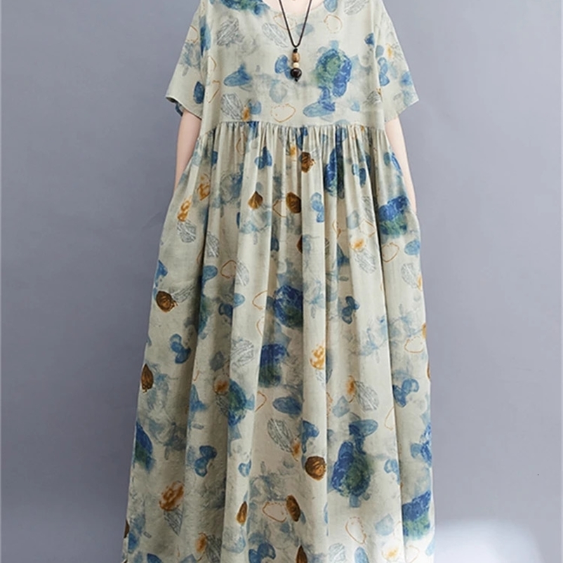 Cotton Vintage Print Dresses For Women Summer Short Sleeve Casual Loose Long Fashion Dress Elegant Vestidos Femme Clothing 240703
