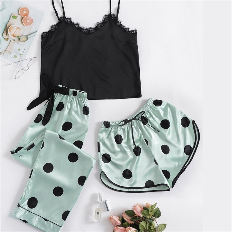 Women's Sleepwear Women's Pajamas Silk Like Sleepwear 3 Pieces Set Ice Silk Sexy Camisole Shorts Long Pants Nightwear Casual Female Home Sui