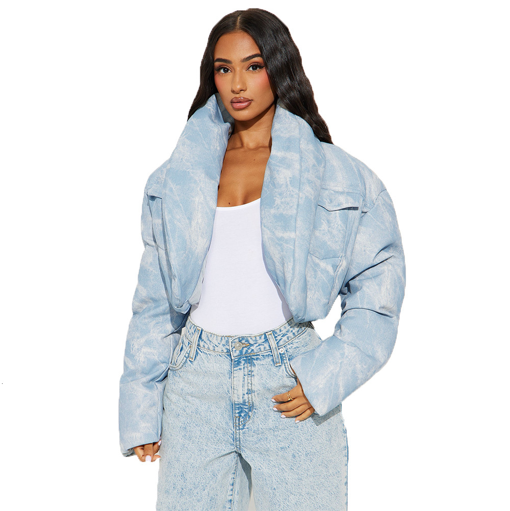 51381 Quilted Scarf Stand Collar Pocket Long Sleeve Gradient Color Block Short Cotton Coat for Women