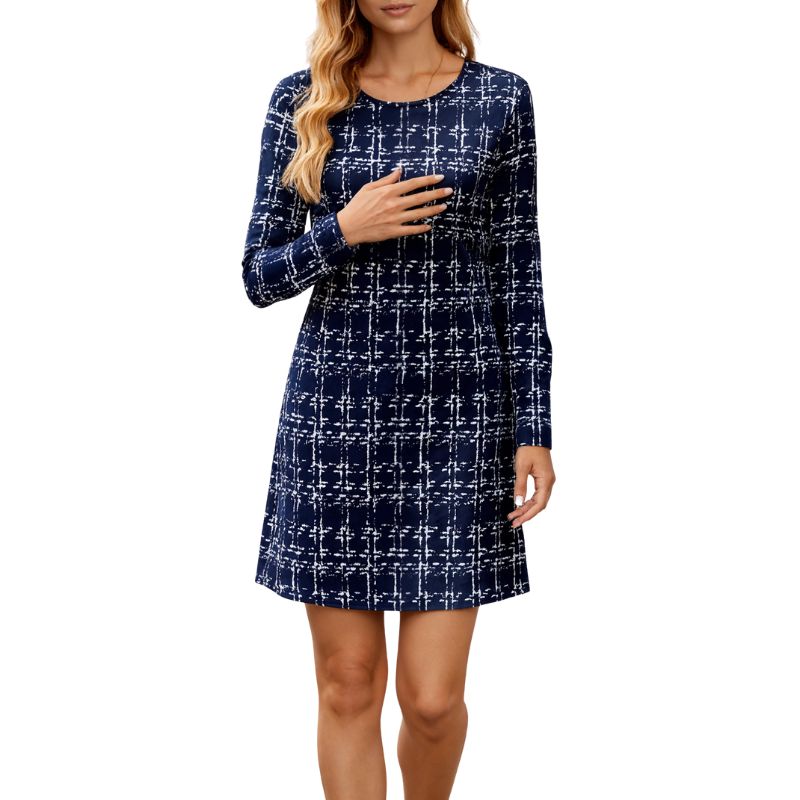 Women's Autumn & Winter Fashion Mom - Style Plaid Printed Straight Dress, Milk Silk Casual Commute & Vacation Dress-CF42640