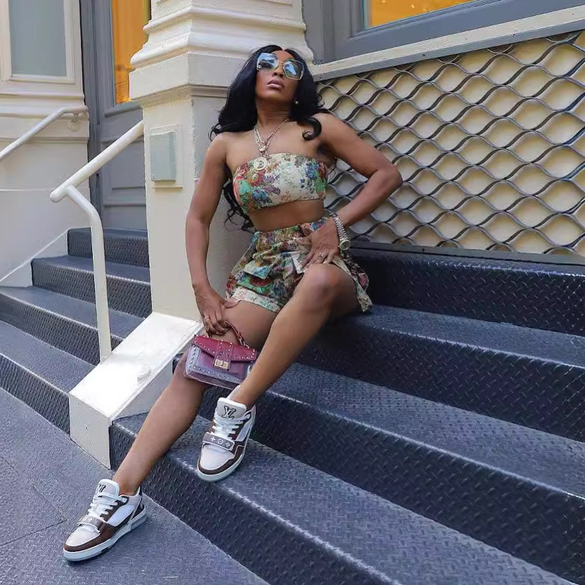 Women's New Street Floral French Court Style Strapless Tassel Strap Shorts Set