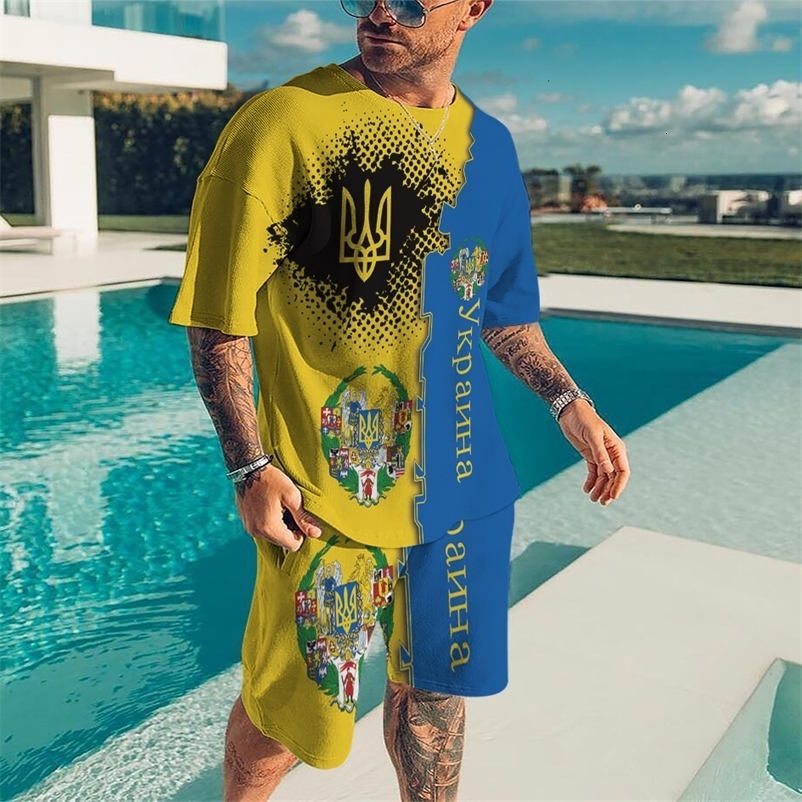 Men's Tracksuits Summer Ukraine National Emblem 2 Piece Sets Tracksuit Men's Oversized Clothes Beach Style 3D Printed Men Suit Tshirt Shorts