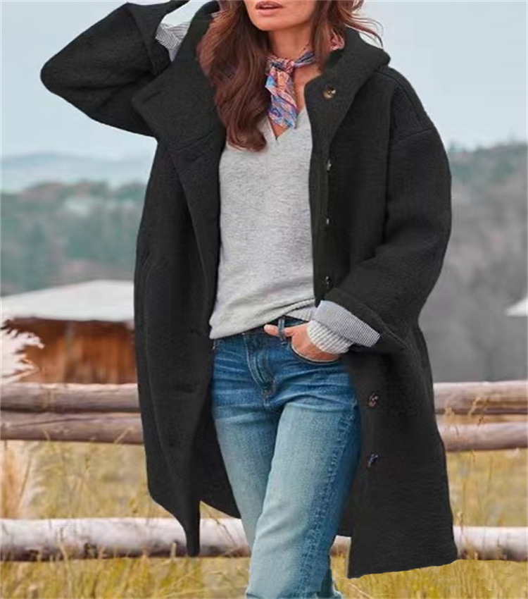 Autumn Winter Women's Sleeve Long Hooded Woolen Casual Loose Coat