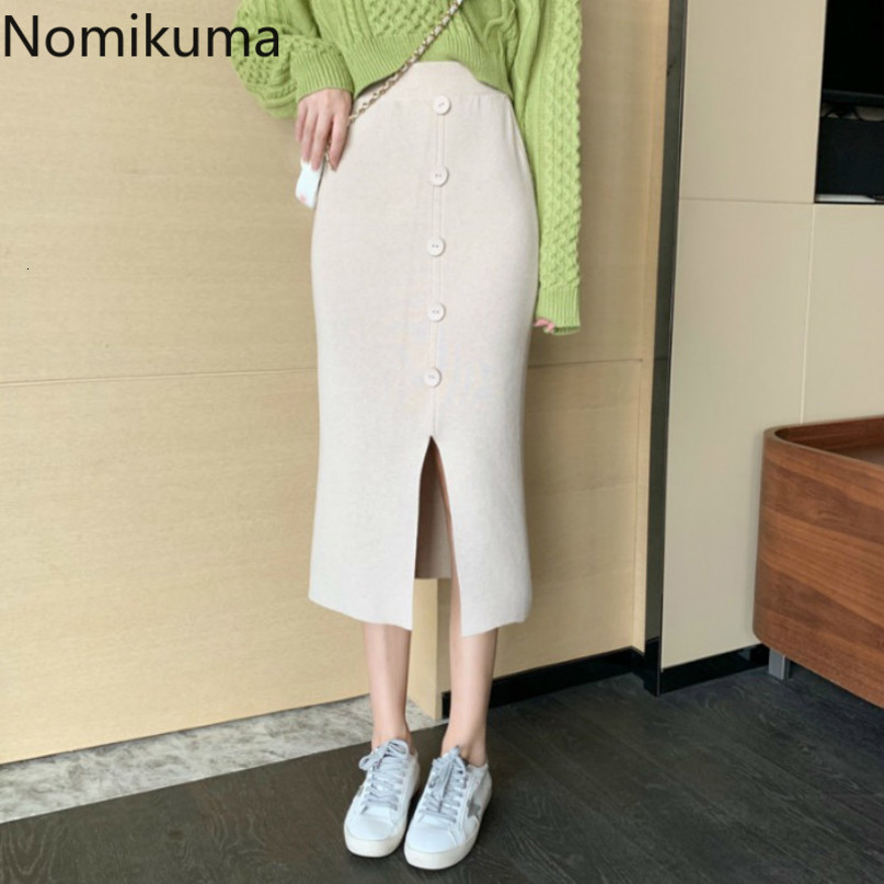Nomikuma Autumn Winter Women Sweater Skirts Korean Buttons Split High Waist Slim Knitted Skirts Fashion Faldas Mujer 6D269 210427