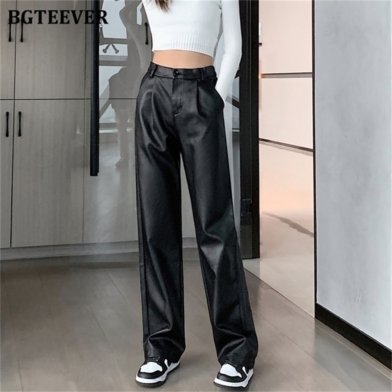 Women's Pants Capris BGTEEVER Stylish Chic Loose Women PU Leather Autumn Winter Fashion Ladies High Waist Straight Faux Trousers 221109