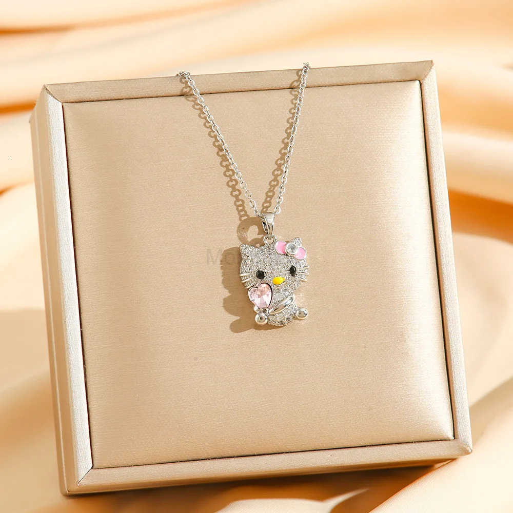 Sanrio Cute Pink Heart Crystal Zircon Hello Kitty Pendant Necklaces for Women Girls Stainless Steel Chain Jewelry Accessories L250925