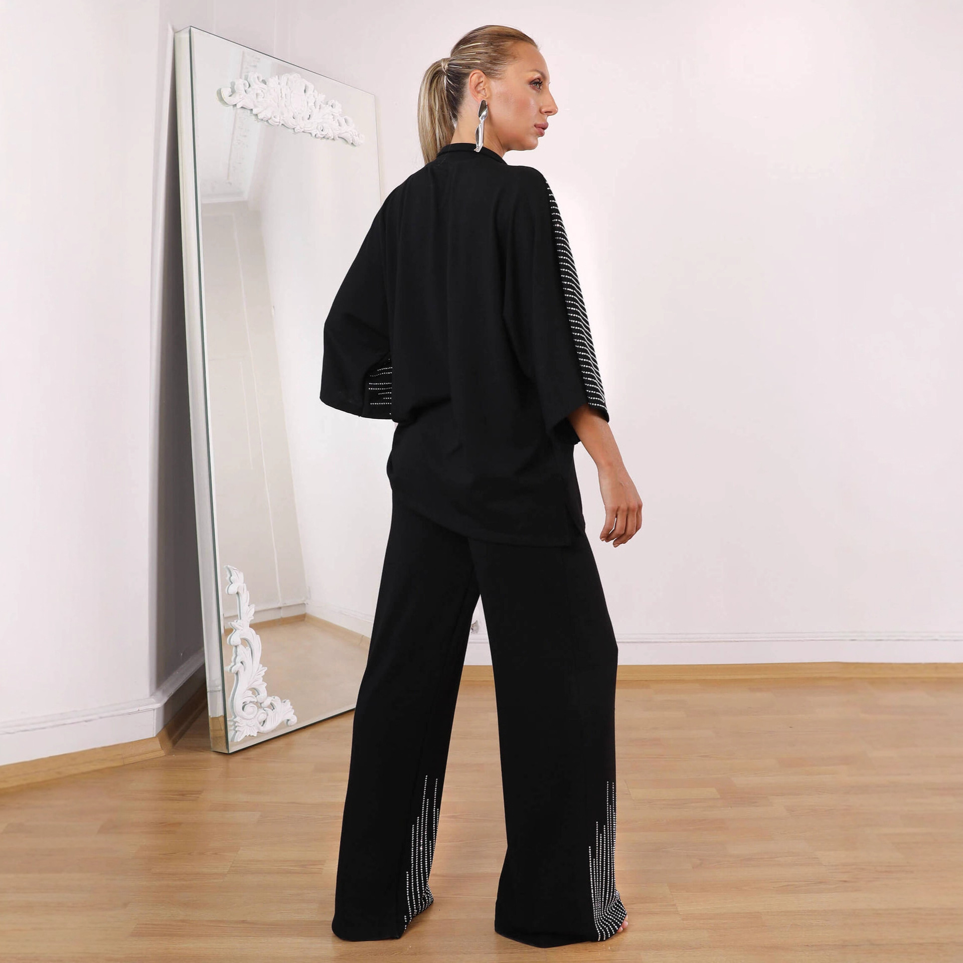 Women's Clothing 2025 Autumn New Style Personality Temperament Rhinestone Top Casual Wide-Leg Pants Two-Piece Set