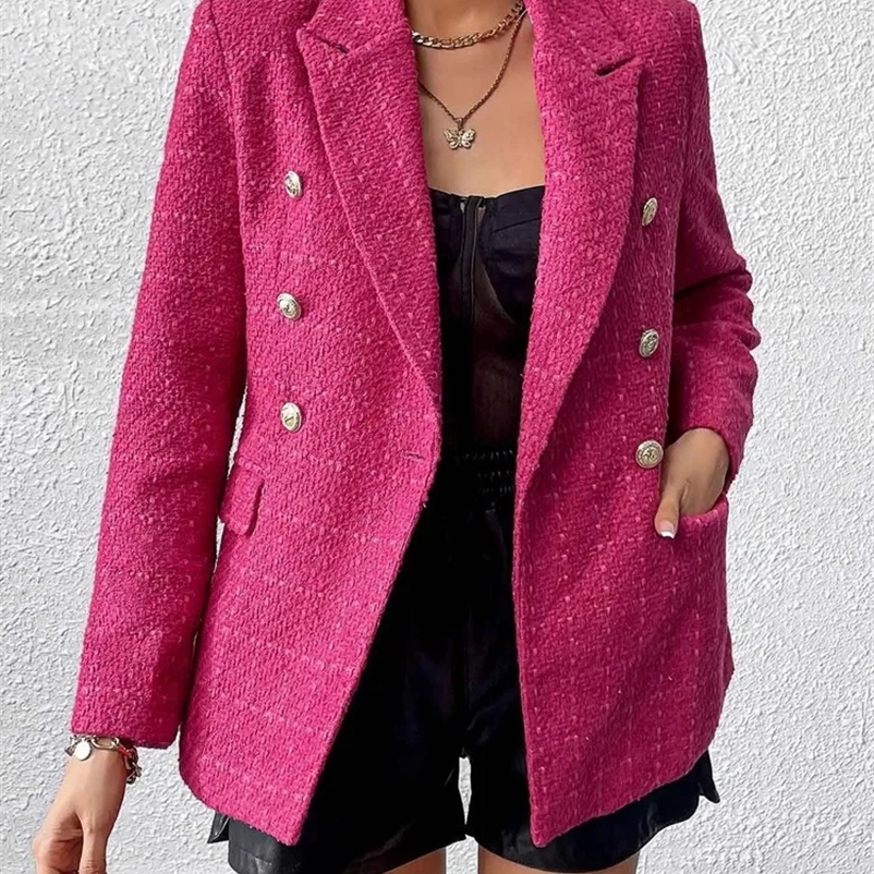 TRAF Women Fashion Double Breasted Tweed Blazer Coat Vintage Long Sleeve Flap Pockets Female Outerwear Chic Tops 240911