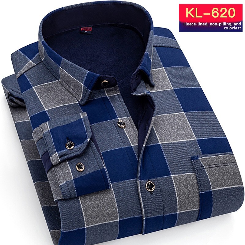 Autumn Winter Men's Fleece-Lined Non-Pilling Non-Fading Plaid Top Warm Middle-Aged Shirt