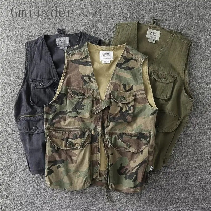 Gmiixder American Multi-pocket Retro Work Vest Men Korean Cargo Waistcoat Outdoor Canvas Trend Vest Motorcycle Jacket 250206