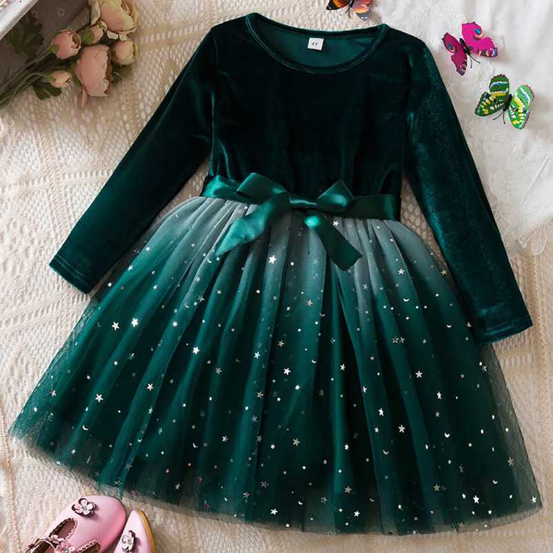 Girls Fall and Winter Christmas Gradient Mesh Long Sleeved Dress Star Printed 4T Princess Dress Bowknot Velvet Blue Dresses 241219
