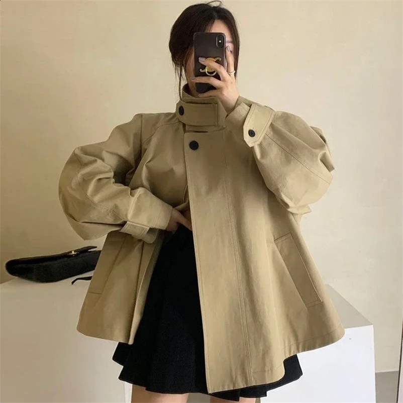 2025 Womens Trench Jacket Korean Vintage Niche Stand Collar Two-button Loose Casual Long Sleeve Trench Jacket Female 250118