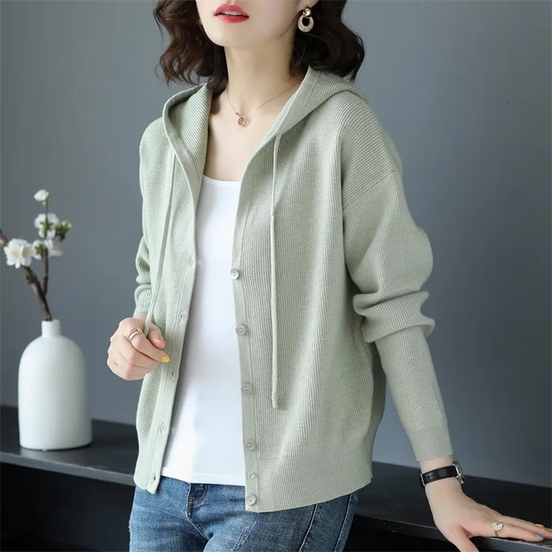 Women's Knits Tees Spring Clothes Women Knitted Cardigan Korean Fashion Casual Long Sleeve Top Button Up Hooded Knitwears Sweater Coat 231006