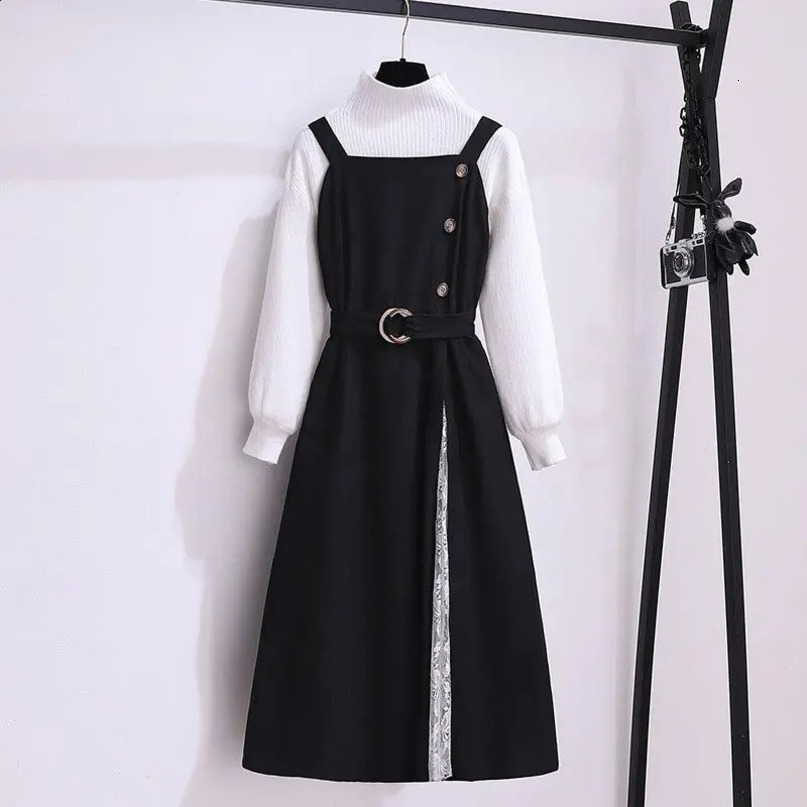 Womens Age Reducing SingleOutfits Spring Autumn Fashion Retro Slim Knitted Sweater Strap Skirt Two Piece Set 240729