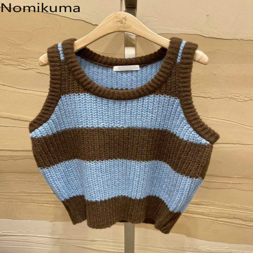 Nomikuma Spring Women Sweater Vest Korean Hit Color Striped Sleeveless Knitwear Causal O-neck Women Knitted Tops 6E209 210427