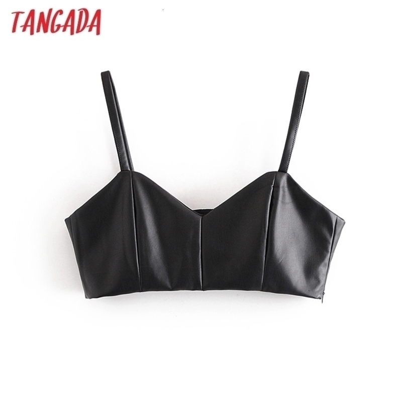 Tangada women black pu leather camis crop top spaghetti strap sleeveless backless short blouses shirts female solid tops QN28 210625