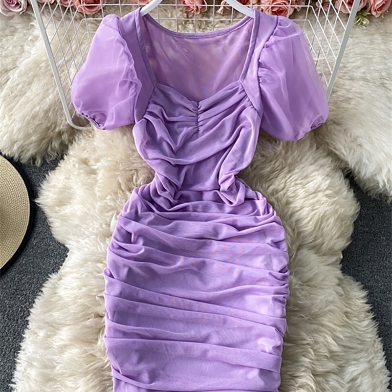 Casual Dresses Purple/Brown/Hite Sexy Mesh Tight Dress Women's Elegant Square Neck Short Sleeve Pleated Tank Top Women's Summer 230408