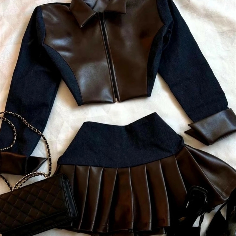 Y2K denim leather splicing two-piece set womens Gothic zipper long sleeved jacket Harajuku spicy girl pleated autumn skiing suit 250422