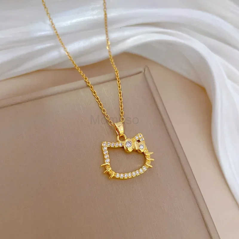 Sanrio Stainless Steel Chain Gold Color Hello Kitty Head with Zircon Pendant Necklaces for Women Girls Cartoon Cute Jewelry Gifts L250925